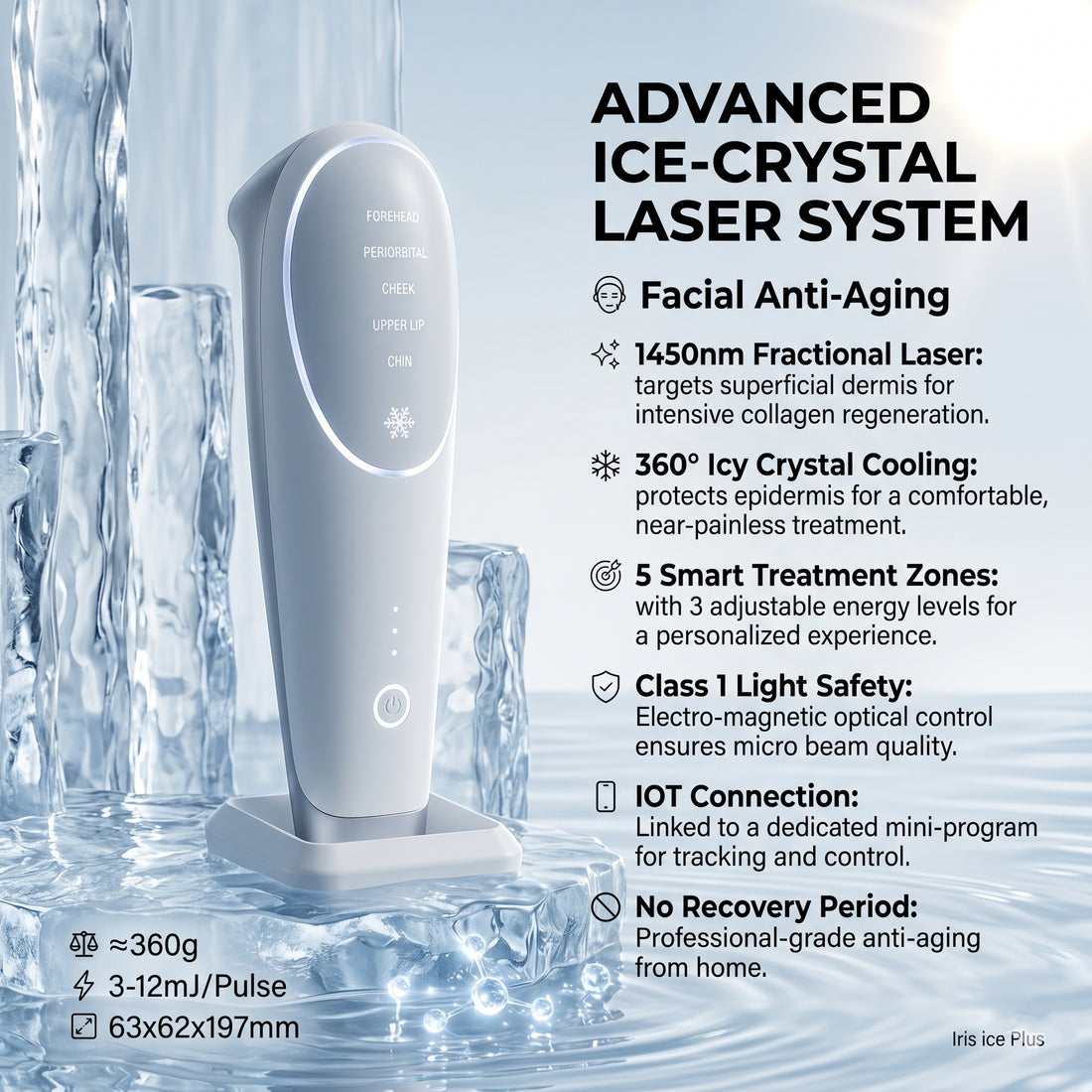 Iris Ice Plus 1450nm Fractional Laser Anti-Aging Device | Painless Ice-Crystal Cooling Technology | At-Home Collagen Stimulator &amp; Wrinkle Reducer | Non-Ablative, CE Certified