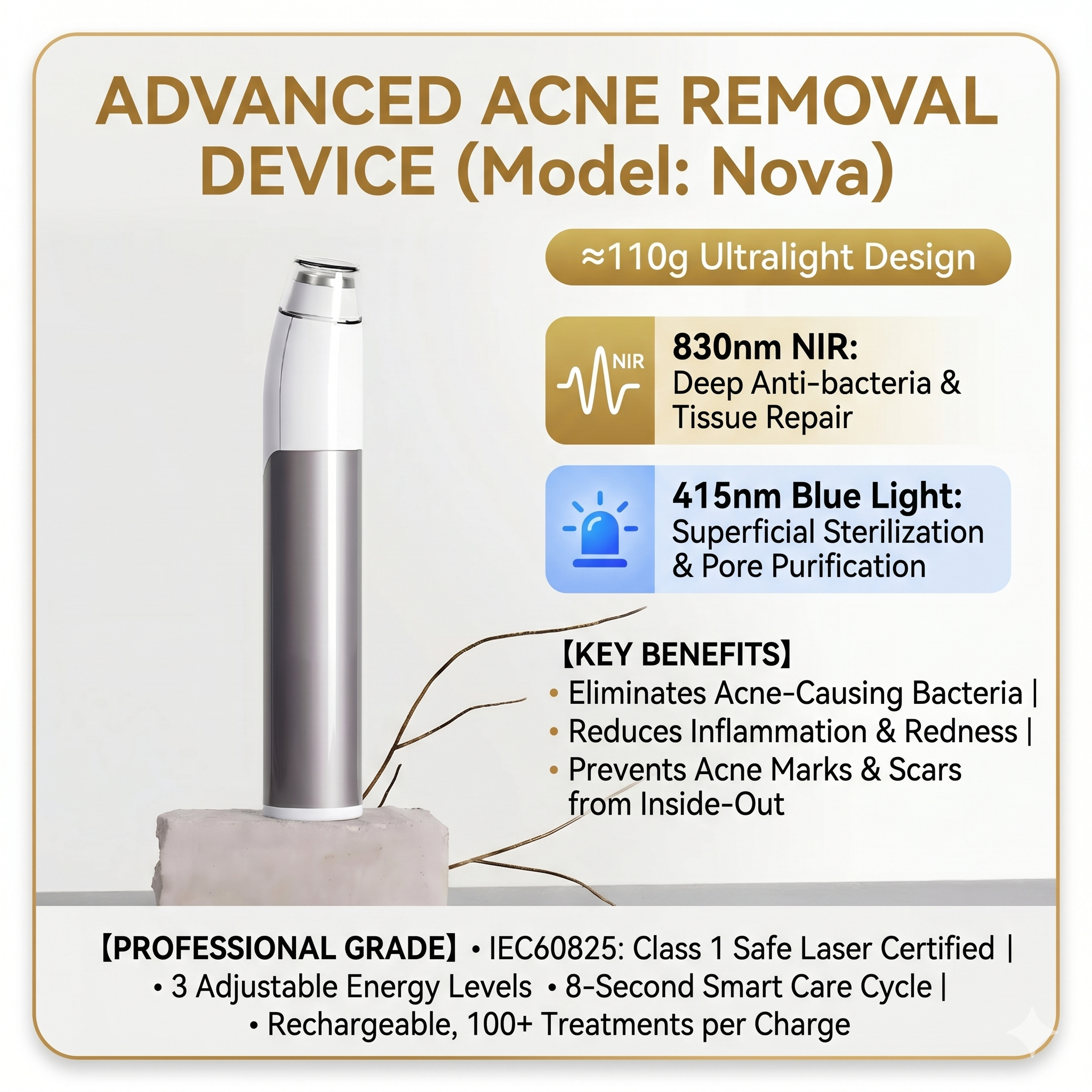 Nova 3-in-1 Advanced Acne Clearing Device | 8-Second Blemish Spot Treatment Pen | 415nm Blue Light &amp; 830nm NIR Laser | Painless Pimple Eraser &amp; Scar Prevention | CE Certified